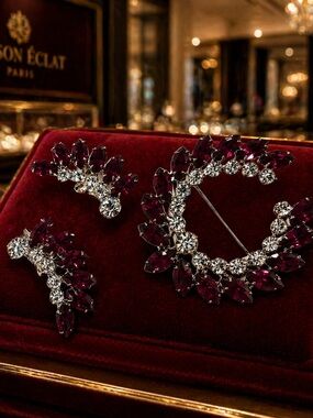 Early 50’s B David Ruby Red  and Ice Clear Rhinestone Brooch and earrings Set